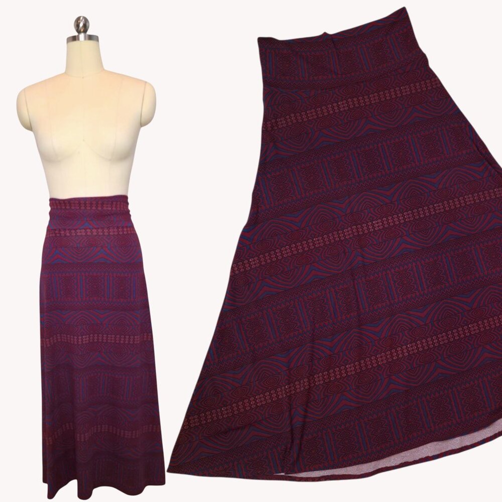 LuLaRoe Maxi Skirt Large Geometric Red Blue Boho Retro Festival Yoga Band A-Line